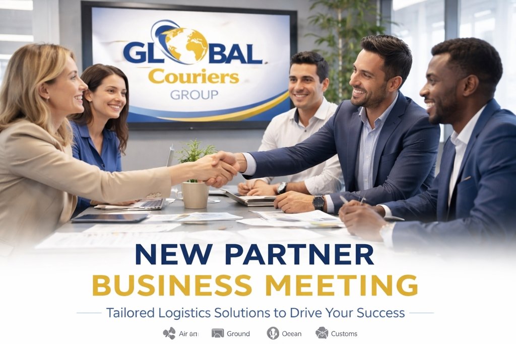 Business meeting between Global Couriers Group and logistics partner discussing collaboration opportunities