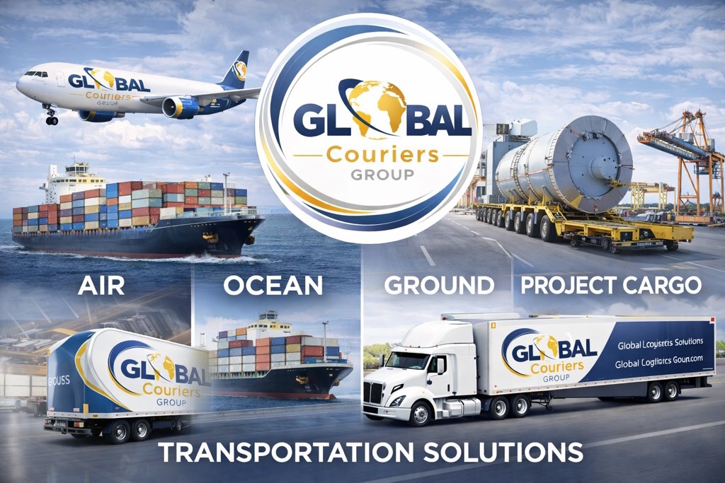 Airplane, container ship, freight truck, and project cargo transport representing Global Couriers Group transportation solutions