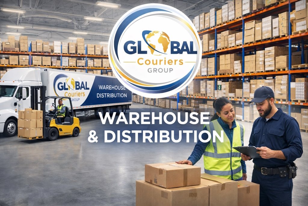 Warehouse staff managing inventory and forklift loading truck for Global Couriers Group distribution services